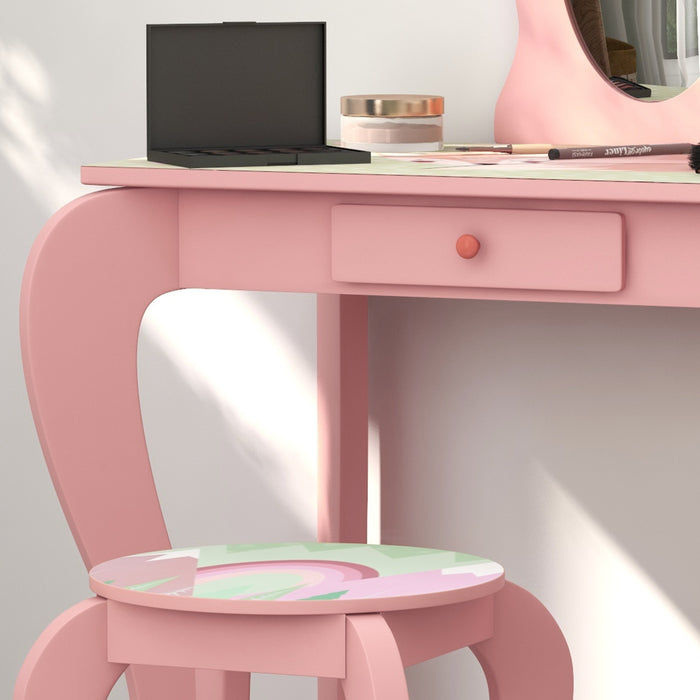 Kids' Dressing Table with Stool & Mirror - Pink Girls' Vanity Makeup Desk with Storage Drawer and Cute Animal Design - Perfect for Children Ages 3-6 Years