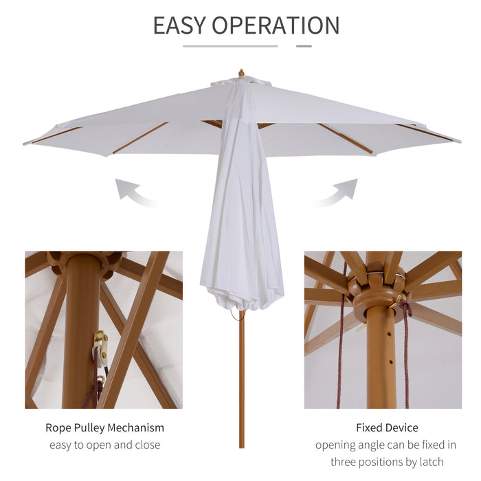 Fir Wooden Parasol with Bamboo Ribs - 3m Garden Umbrella Sun Shade, Cream White Canopy - Ideal for Patio and Outdoor Comfort