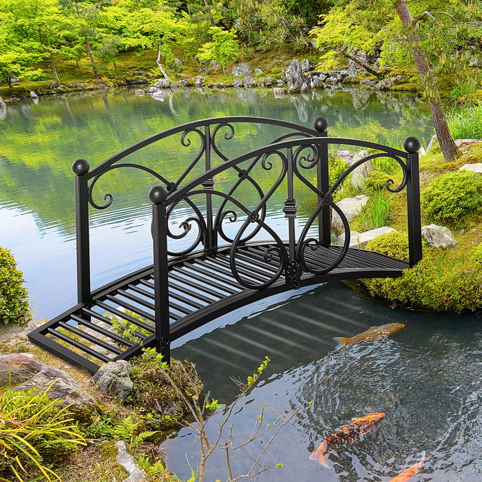 Classic Metal Garden Bridge - 102L x 48W x 49H with Safety Railings and Arc Design - Decorative Footbridge for Backyard Creek or Stream Crossing, Black