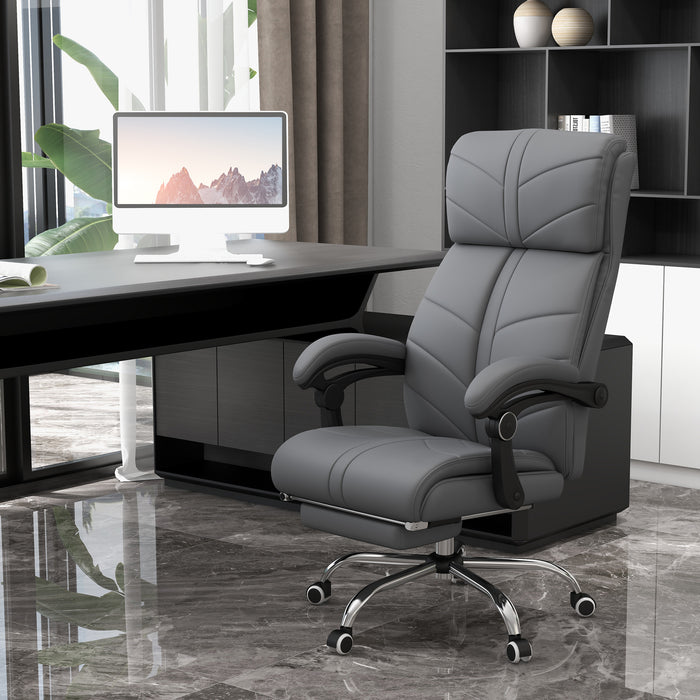 Ergonomic Vibrating Heated Massager Desk Chair - PU Leather Recliner with Extendable Footrest and Adjustable Armrests in Grey - For Stress Relief and Work Comfort