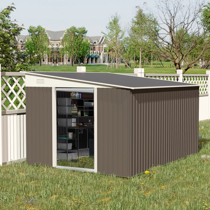 Metal Garden Storage Shed 11x9ft - Sloped Roof, Double Sliding Doors, Dual Air Vents, Grey - Ideal for Outdoor Tools and Equipment Shelter