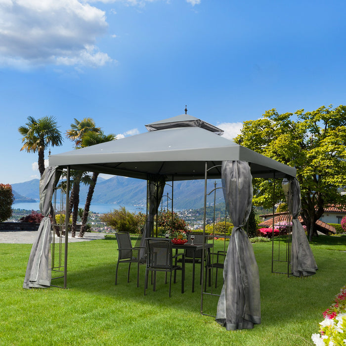 Outdoor Double-Tiered Canopy Gazebo - 3x3 Meter Patio Event Shelter, Garden Wedding Party Tent, Sun Shade with Mesh Curtains - Ideal for Backyard Events, Grey