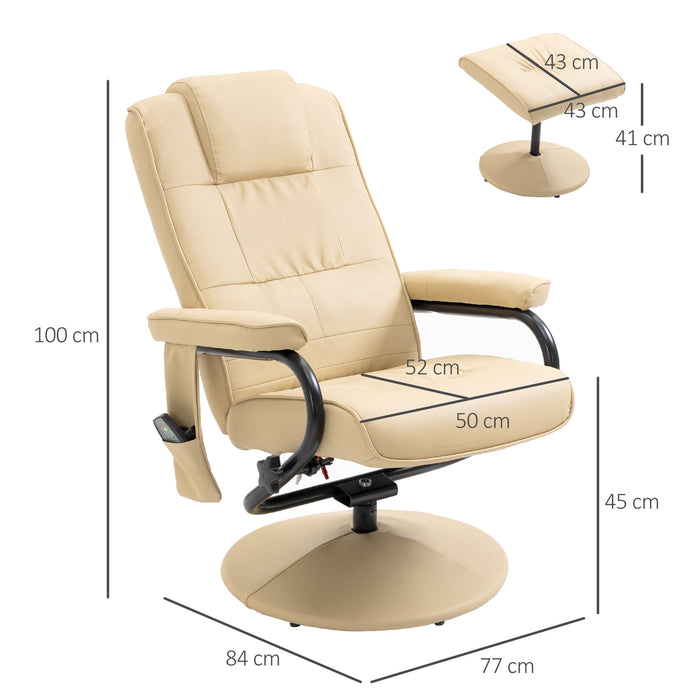 Manual Recliner Armchair & Ottoman Set - PU Leather Massage Reclining Chair, Cream - Comfortable Lounge Seating with Relaxing Massage Feature