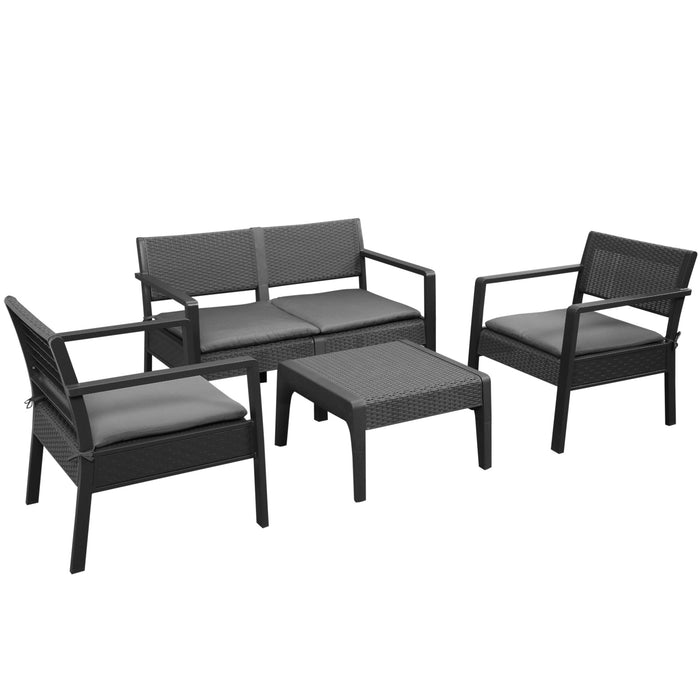 4-Piece Outdoor Rattan-Style Sofa Set - PP Garden Furniture with Patio Coffee Table, Cushions, 2 Single Chairs & Loveseat - Ideal for Conservatory, Deck, or Garden in Grey