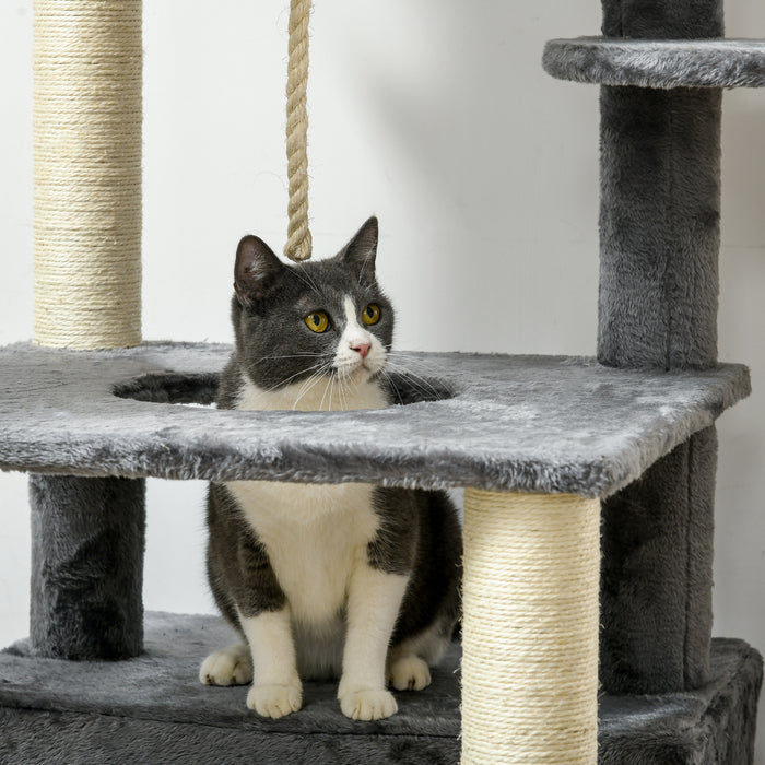 Multi-Level 184cm Cat Tree with Scratching Posts - Indoor Cat Climbing Tower, Bed, Condo & Perches - Ideal for Playful Kittens & Adult Cats with Hanging Play Rope, Grey