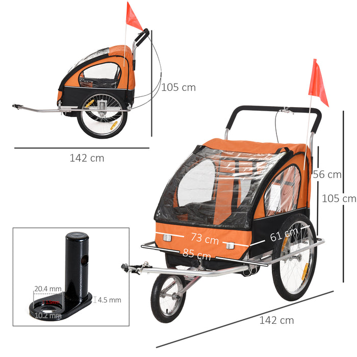 2-Seater Collapsible Baby Bicycle Trailer - Orange, with Pivot Wheel, 18 Month+ Child-Friendly Design - Convenient Transport & Adventure for Young Families