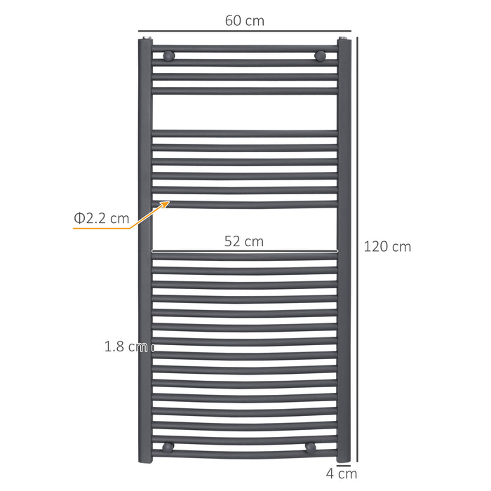 Hydronic Heated Towel Rail - 600x1200mm Central Heating Bathroom Ladder Radiator, Grey - Ideal for Warm Fluffy Towels and Bathroom Heating