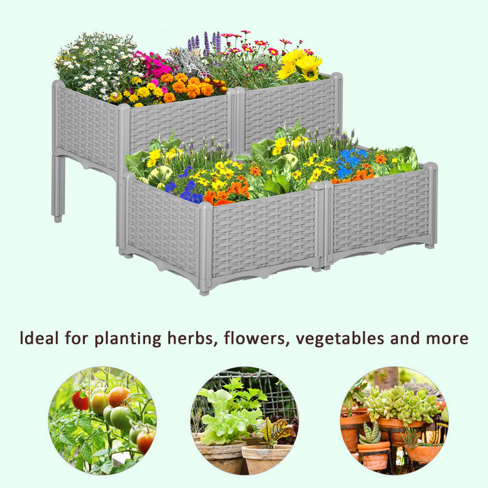 4-Piece Elevated Garden Bed Kit - Patio Flower & Vegetable Planter Boxes in Grey Polypropylene - Ideal for Outdoor Gardening enthusiasts