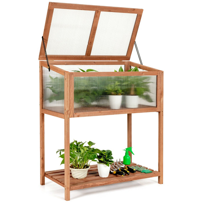 Wooden Outdoor Cold Frame - Slatted Shelf and Tilted Top Cover Features - Perfect for Seasonal Gardening