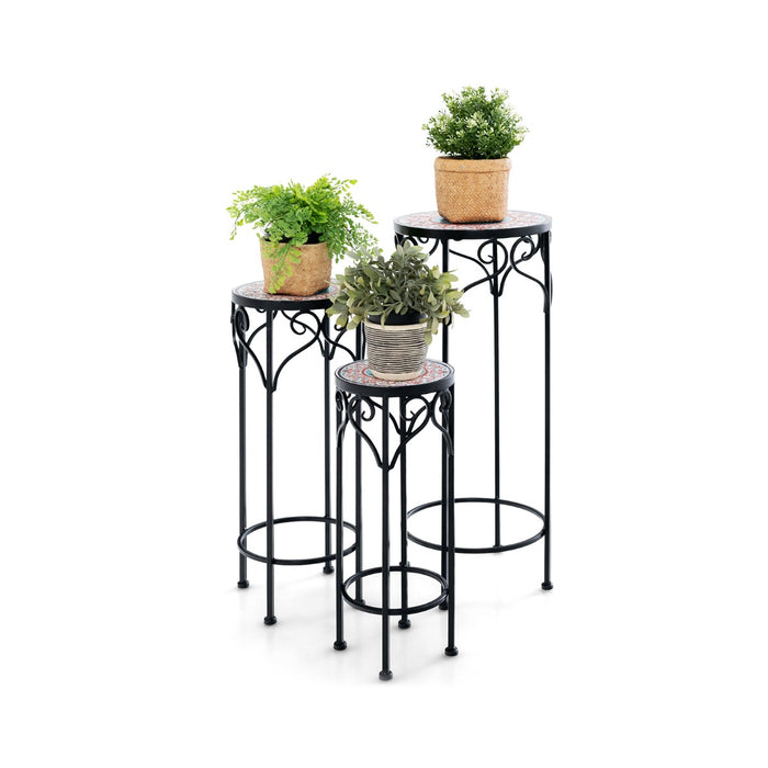 Metal Plant Stand Set of 3 - Ceramic Top Indoor/Outdoor Display Stands - Ideal for Garden Enthusiasts and Indoor Plant Lovers