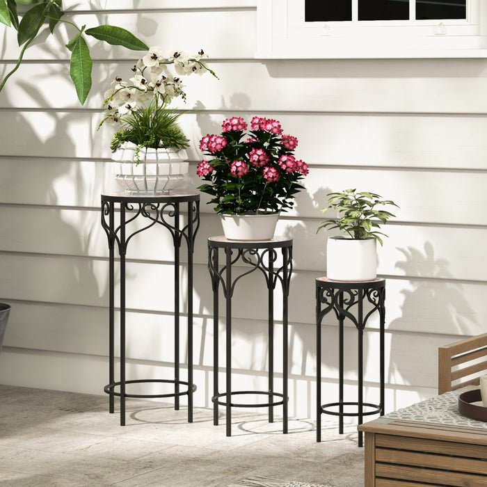 Metal Plant Stand Set of 3 - Ceramic Top Indoor/Outdoor Display Stands - Ideal for Garden Enthusiasts and Indoor Plant Lovers