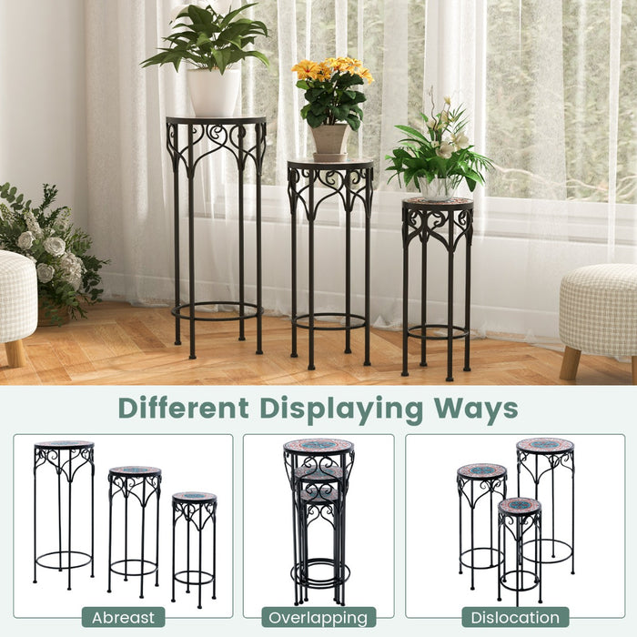 Metal Plant Stand Set of 3 - Ceramic Top Indoor/Outdoor Display Stands - Ideal for Garden Enthusiasts and Indoor Plant Lovers
