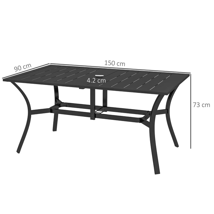 Outdoor Rectangle Garden Dining Table with Parasol Hole - Patio-Friendly Steel Frame with Slat Tabletop Design, 150cm x 90cm, Elegant Black - Ideal for Al Fresco Dining and Social Gatherings