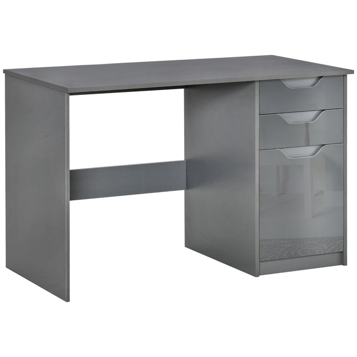 Modern High Gloss Grey Computer Desk - Writing Workstation with Drawers and Storage Cabinet - Ideal for Home or Office Study Area