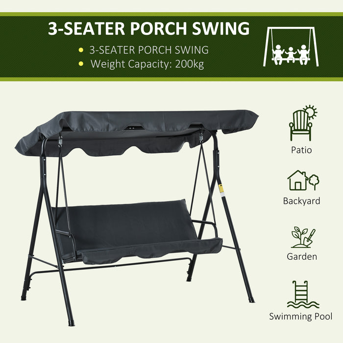 3 Seater Canopy Swing Chair - Heavy Duty Rocking Bench with Metal Frame and Roof for Garden/Patio - Comfortable Outdoor Seating for Relaxation in Dark Grey