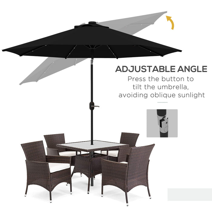 Outdoor Patio Umbrella - 2.7m Garden Parasol with Tilt and Crank Function, 24 LED Lights, in Black - Ideal for Nighttime Ambience & Sun Protection