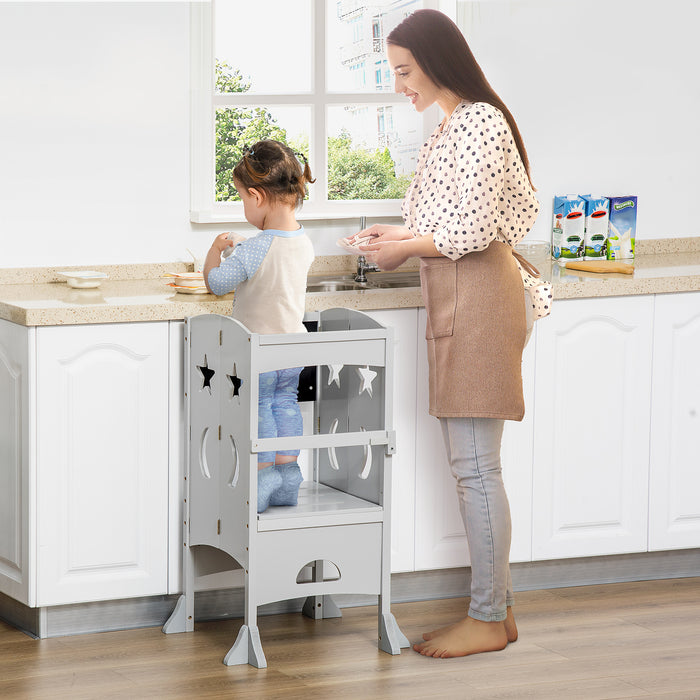 Toddler Kitchen Helper Step Stool with Safety Rail and Chalkboard - Durable Child Platform for Kitchen Counter in Grey - Ideal for Cooking, Learning, and Interactive Play