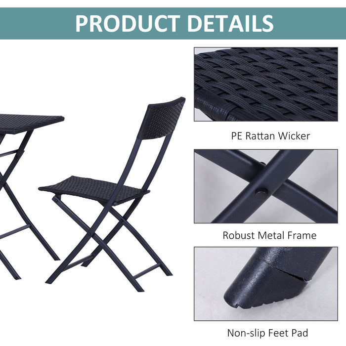 Rattan 2-Seater Bistro Set - Outdoor Patio Wicker Furniture with Folding Design, Black - Perfect for Balcony & Small Spaces