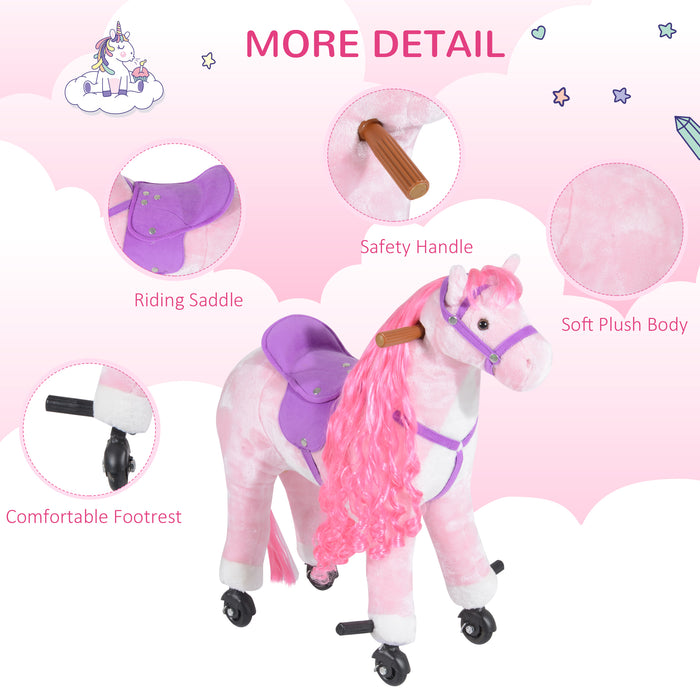 Plush Pink Horse Ride-On Toy with Sound Effects - Kid-Friendly Walking Horse Stuffed Animal - Fun Indoor & Outdoor Play for Children