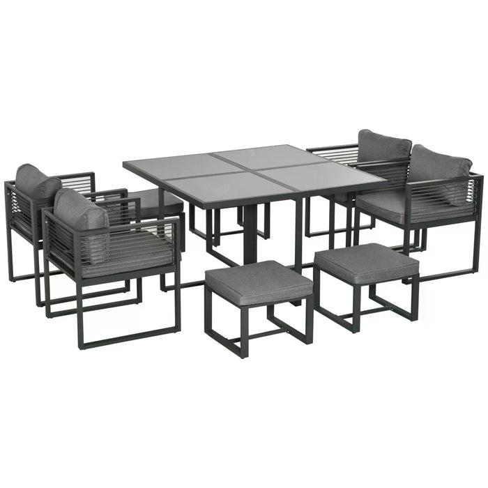 Aluminium 8-Person Cube Garden Dining Set - Outdoor Furniture with Table, 4 Chairs, 4 Footstools & Cushions - Ideal for Patio Entertaining and Family Gatherings