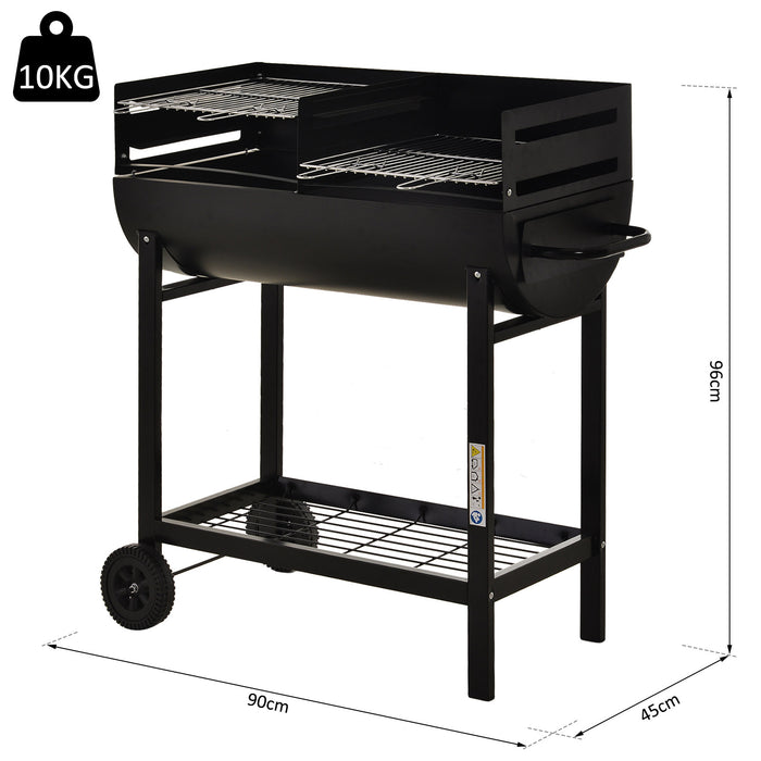 Black Charcoal BBQ Trolley with Dual Grill - Adjustable Heat-Resistant Grill Nets for Outdoors - Portable Garden Barbecue with Wheels for Easy Movement