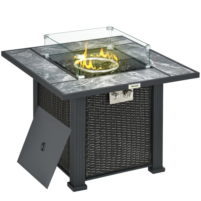 Outdoor PE Rattan Gas Fire Pit Table with Marble Top - Patio Heater, Glass Windscreen, Glass Stones, Rain Cover Included - Ideal for Entertaining & Keeping Warm Outdoors