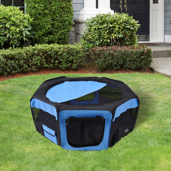 Fabric Pet Playpen with 8-Panel Mesh Construction - Foldable and Portable Enclosure for Puppy, Rabbit, Guinea Pig, Cat - Ideal for Outdoor Play and Exercise, 90 cm Diameter x 41 cm Height, in Blue