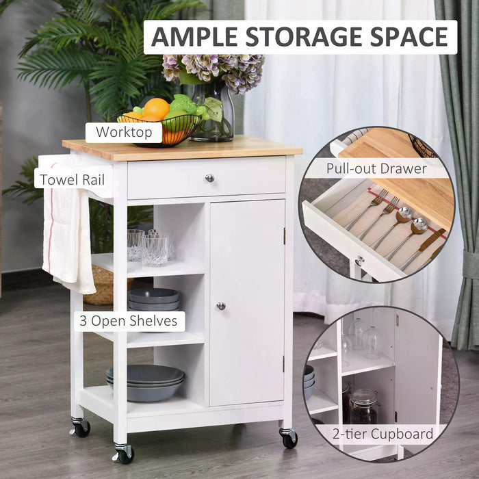 Kitchen Storage Trolley with Wooden Top - 3-Tier Shelving, Cupboard, Drawer, and Towel Rail on 4 Casters - Space-Saving, Mobile Organizer for Home Chefs