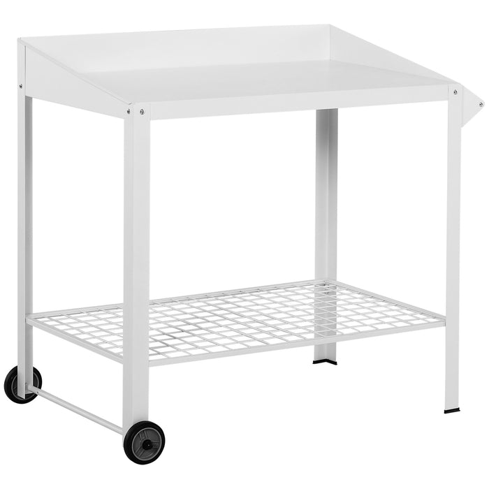 Garden Potting Bench - Outdoor Metal Workstation with Wheels & Side Hanger for Planting - Convenient Mobile Push Cart for Gardeners
