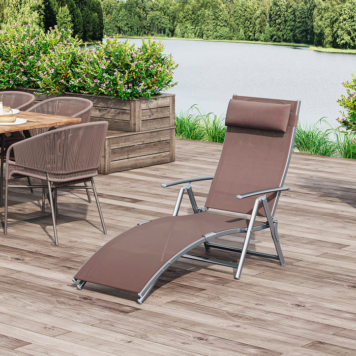 Adjustable Patio Recliner - Brown Texteline Sun Lounger with Folding Design and Pillow - Comfortable Outdoor Seating Solution for Relaxation