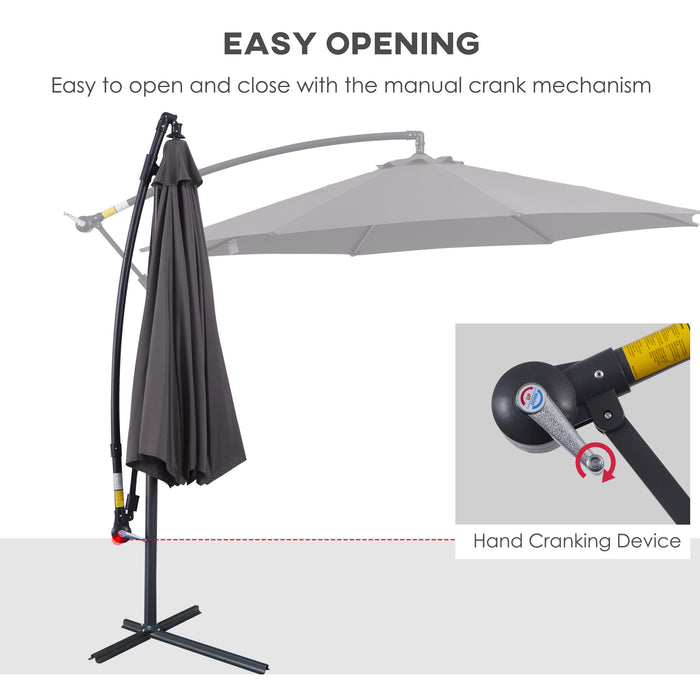 Banana Cantilever Garden Umbrella with Crank Handle - 3M Sunshade, 8-Rib Structure, Grey, Includes Cross Base - Ideal for Outdoor Relaxation and UV Protection