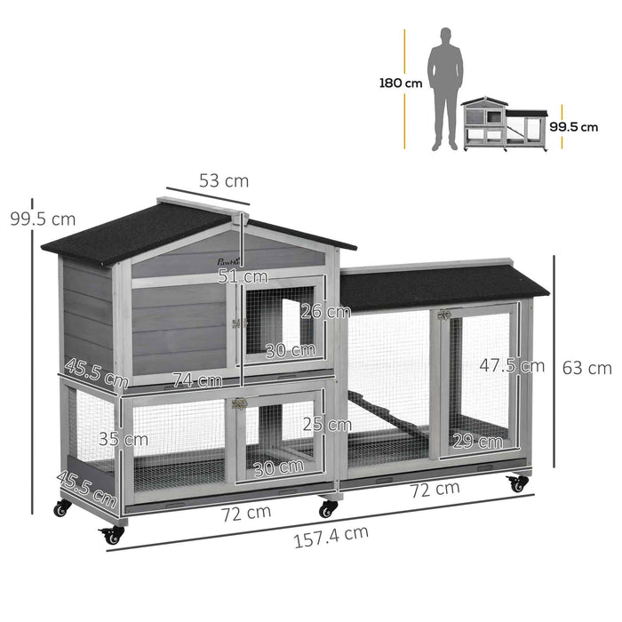 Mobile Two-Tier Rabbit Hutch with Wheels - Wooden Guinea Pig Cage with Run, Slide-Out Tray, and Ramp - Ideal for Bunny Outdoor Living and Exercise 157.4 x 53 x 99.5 cm