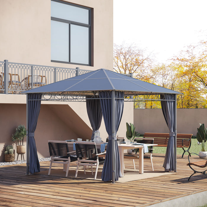 Hardtop Gazebo 3x3m - UV-Resistant Polycarbonate Roof, Steel & Aluminum Construction, Garden Pavilion - Outdoor Shelter with Curtains, Ideal for Backyard & Patio Entertainment