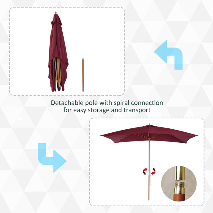 3m x 2m Wooden Garden Parasol by 3M - Sturdy Outdoor Umbrella Canopy in Wine Red Shade - Ideal Sun Protection for Patio Spaces