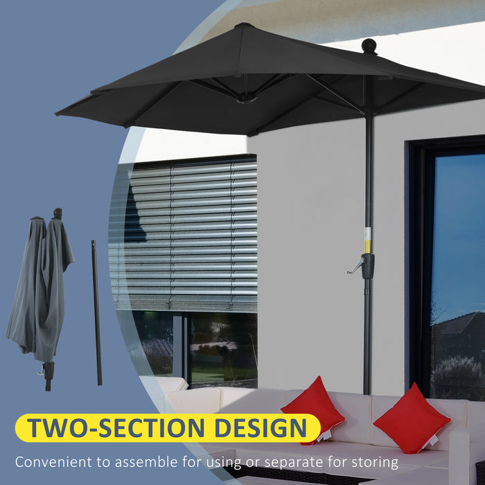 Half Parasol Market Umbrella - 2-Meter Double-Sided Canopy with Crank Handle and Base for Garden Balcony - Black Shade Solution for Limited Space Environments