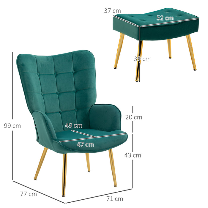 Modern Button Tufted Wingback Armchair - Plush Upholstered Chair with Matching Footstool, Gold Tone Steel Legs, Dark Green - Elegant Furniture for Contemporary Home Decor