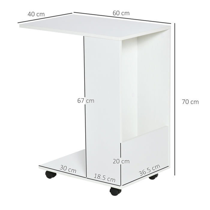 C-Shape Sofa Side Table with Storage - Mobile End Table on Casters for Laptop and Snacks, White - Ideal for Small Spaces and Convenient Living Room Access