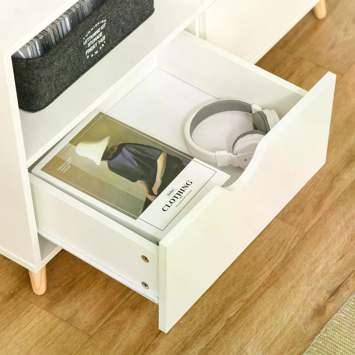 Modern White TV Stand - Shelving & Drawer Storage Media Entertainment Center - Sleek Design for Living Room Organization