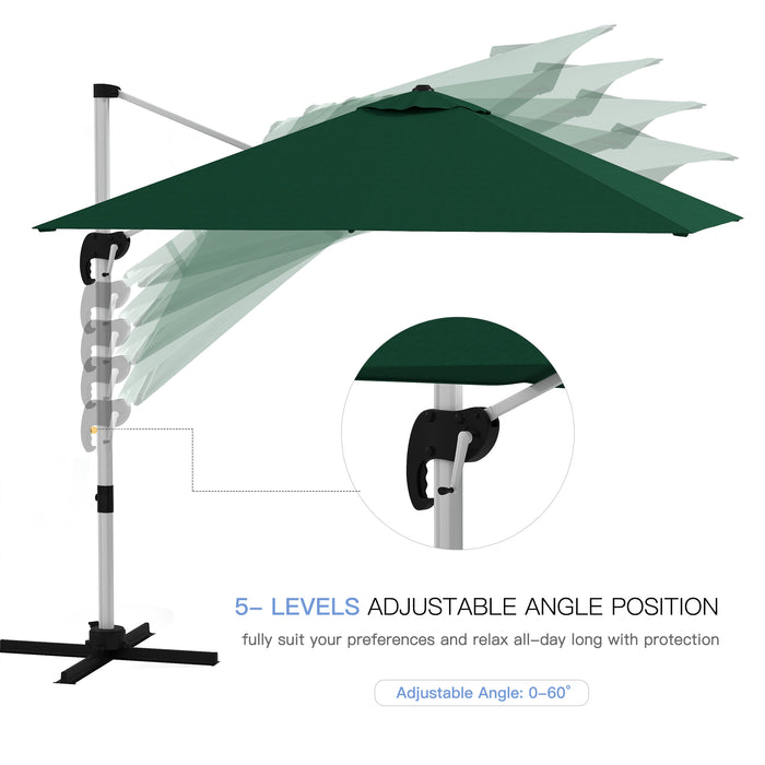 Cantilever Parasol 3x3m with Cross Base - Green Square Umbrella with Crank Handle, Tilt, and 360° Rotation - Durable Aluminium Frame for Outdoor Shade and Comfort