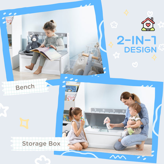Wooden Toy Box and Bench with Safety Pneumatic Rod - Star & Moon Patterned Kid's Storage Chest in Grey - Space-Saving Solution for Children's Playrooms