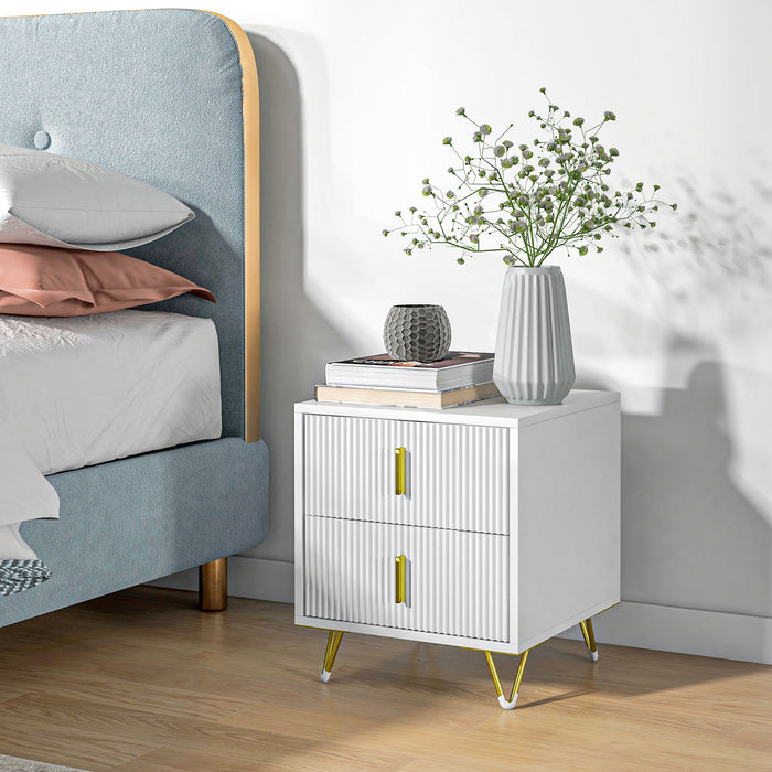 2-Drawer Bedside Table - Sleek White Nightstand with Sturdy Metal Frame - Ideal for Bedroom & Living Room Storage Solutions