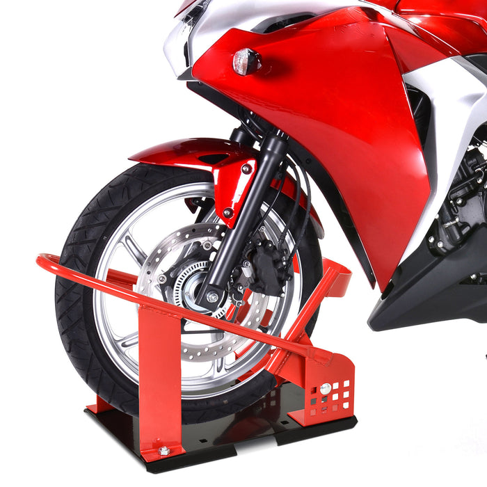 Steel Motorcycle Wheel Chock - Freestanding, Secure Bike Stability in Red - Ideal for Maintenance and Storage Stability