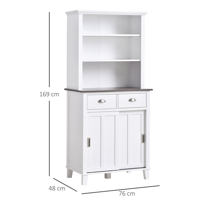 Freestanding Kitchen Cupboard with Sliding Doors - Adjustable Open Shelf Storage Cabinet, White - Ideal for Organizing Cookware and Dishware