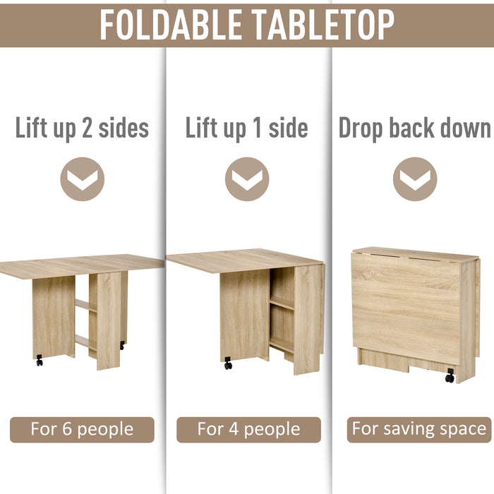 Mobile Oak Drop-Leaf Table - Space-Saving Folding Kitchen Desk with 2 Wheels & Storage - Ideal for Small Dining Areas and Workspaces