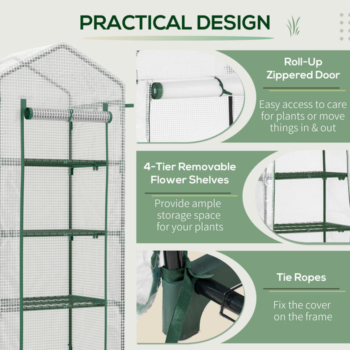 4 Tier Mini Greenhouse with Steel Frame - Portable PE Covered Garden Hot House with Roll-up Door - Ideal for Small Space Gardening & Seed Starting