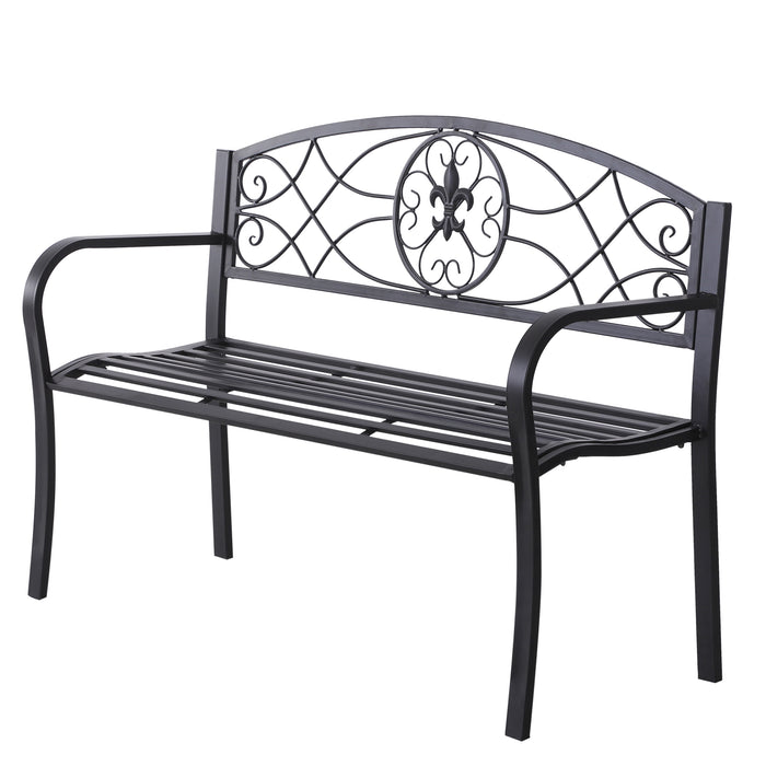 Outdoor Patio Loveseat Bench - 2-Seater Metal Garden Furniture, Black Porch Park Chair - Ideal for Yard and Outdoor Seating 129L x 91H x 50W cm