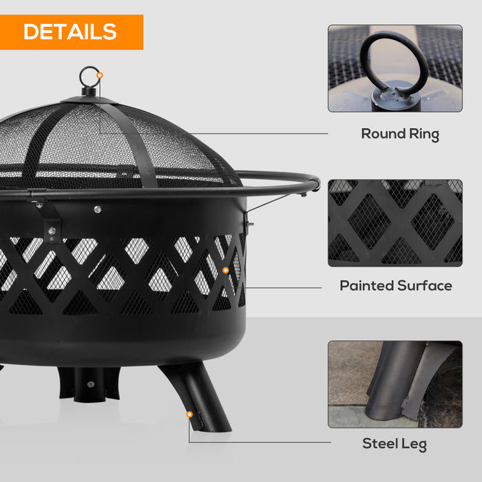 2-in-1 Outdoor Fire Pit and BBQ Grill - Patio Heater, Wood Charcoal Burner with Spark Screen and Poker - Perfect for Backyard Bonfires and Cooking