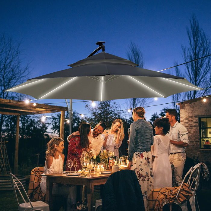 Cantilever Banana Parasol with Solar LED Lights - Double Roof Hanging Umbrella, Crank Operation, 8 Ribs, Cross Base - Ideal for Outdoor Relaxation and Night Use