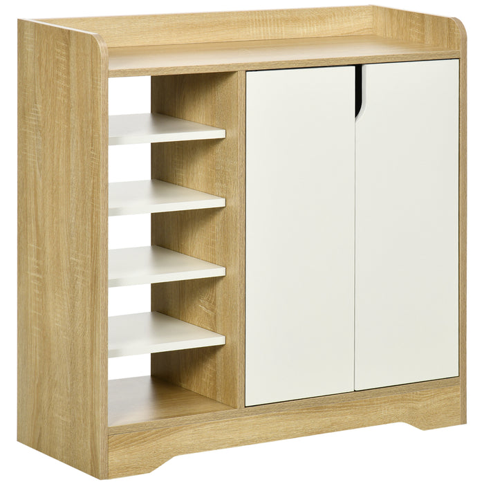 Double-Door Shoe Cabinet with Open Shelving - 13-Pair Entryway and Hallway Organizer in Natural and White - Space-Saving Footwear Storage Solution