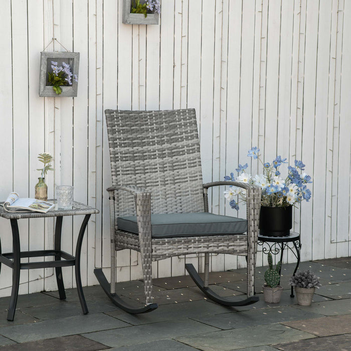 Rattan Rocking Chair with Cushion - Stylish Outdoor Wicker Weave Patio Relaxer for Garden and Bistro - Comfortable Light Grey Seating Solution for Leisure and Relaxation